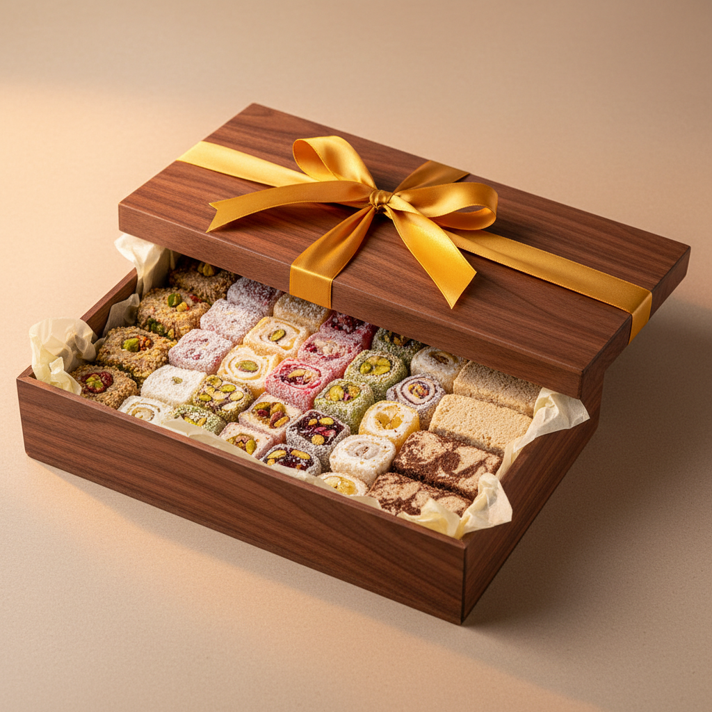 Mixed Syrian sweets box with assorted baklava and pastries in dark gift box with gold ribbon