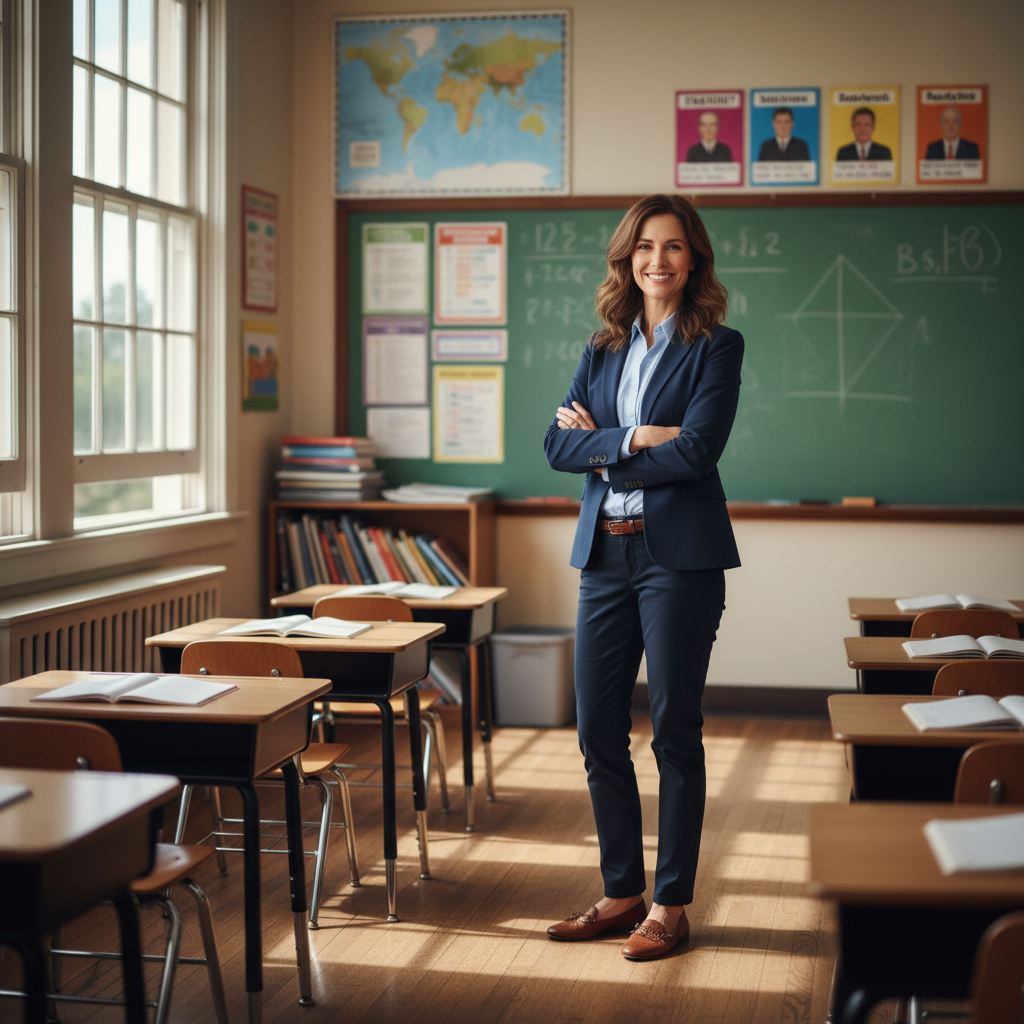 Filipino woman teacher smiling, bright classroom background, natural daylight