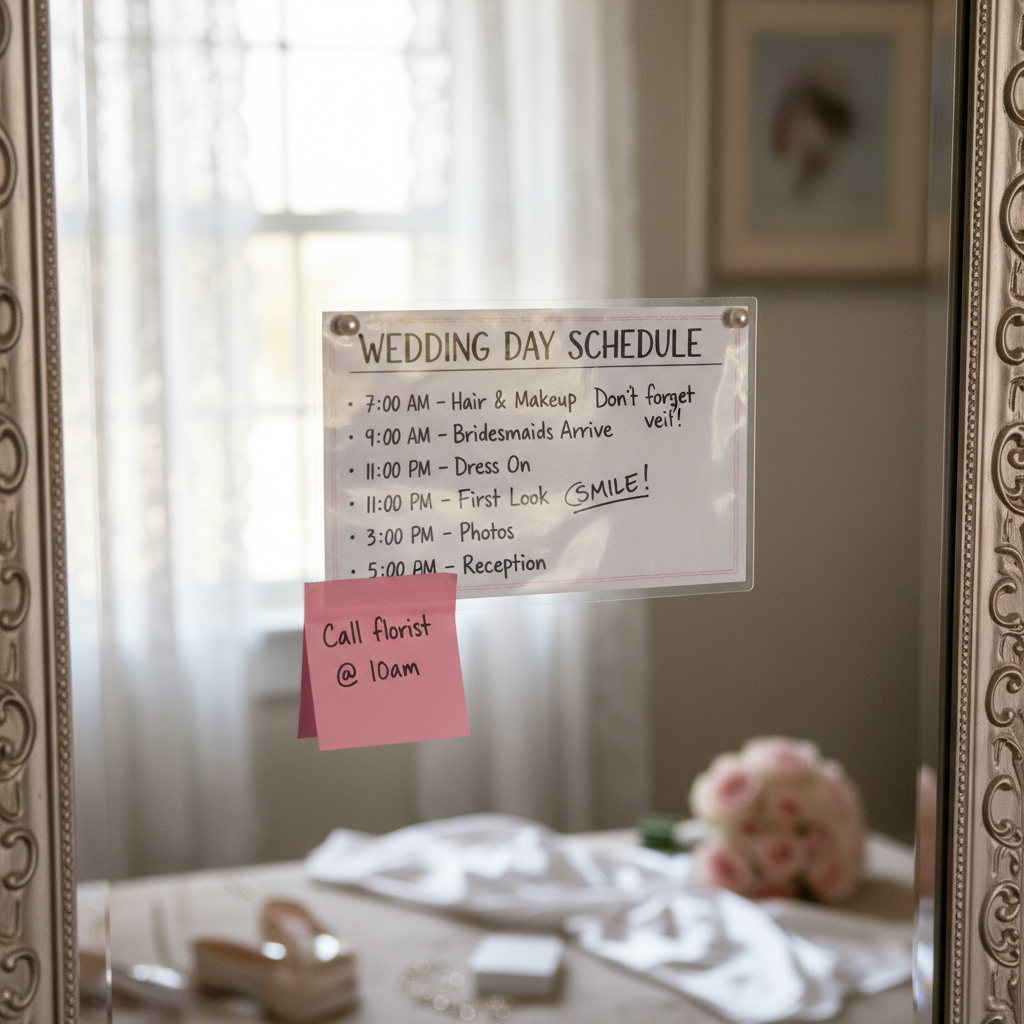 Laminated timeline card pinned to bridal suite mirror with handwritten annotations