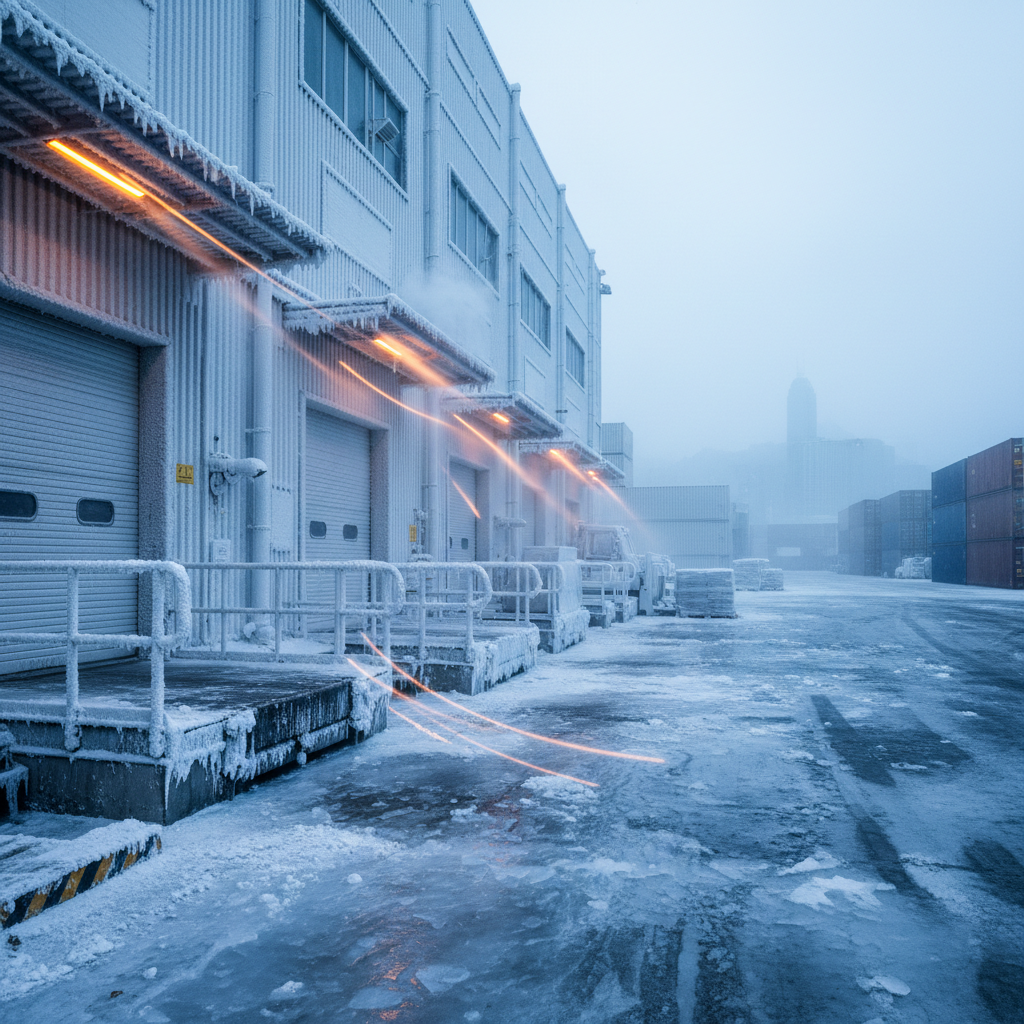 Ice-covered loading dock at a Hong Kong cold-storage warehouse in winter, frost on metal surfaces and dock levelers, amber warning lights