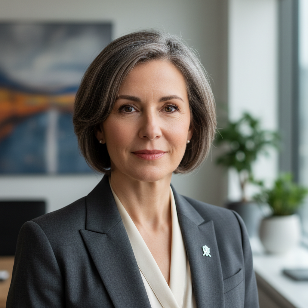 Claire H., a white female business consultant, authoritative professional headshot