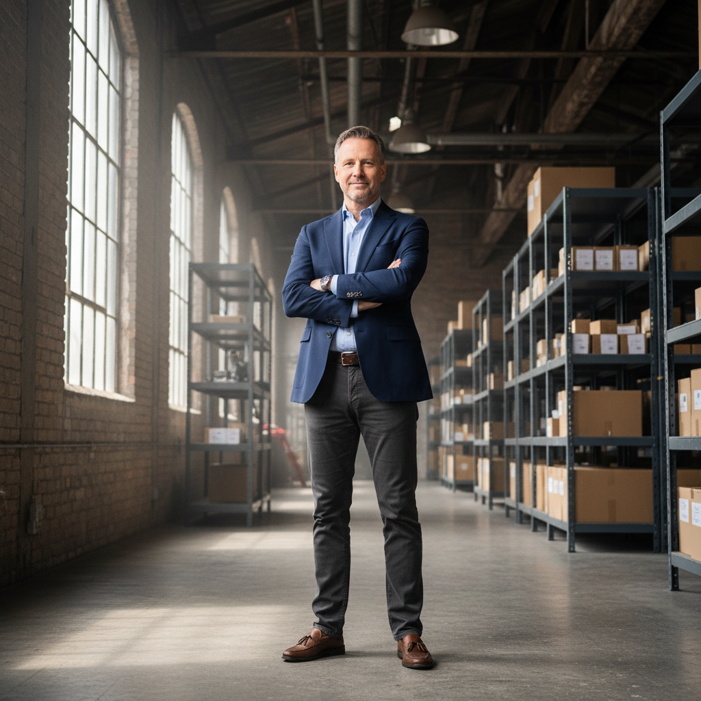 James Whitfield, head of e-commerce at Ardent Supply Co., in a warehouse environment