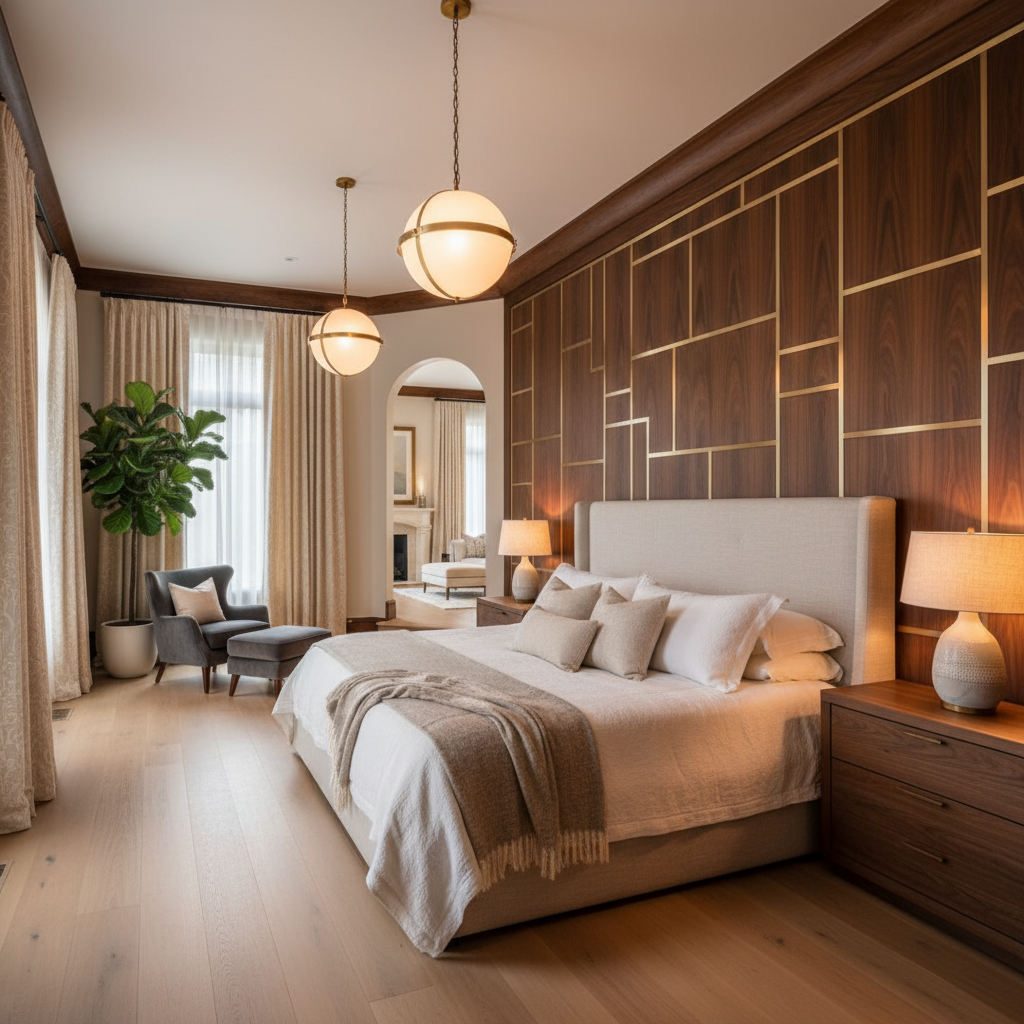 Photorealistic 3D render of luxury master bedroom with dark wood headboard wall, ambient cove lighting, and floor-to-ceiling drapes