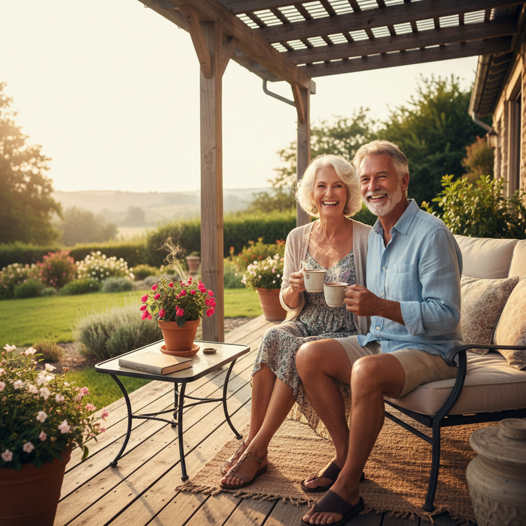Happy senior couple smiling outdoors in a garden setting, warm afternoon light, relaxed and content