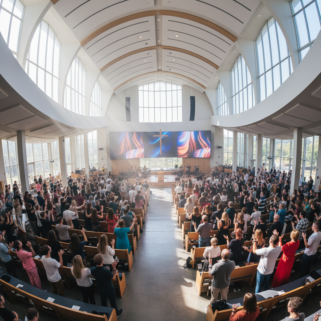 Large multicultural Christian community gathered together in worship, diverse congregation with African and European members, bright joyful atmosphere