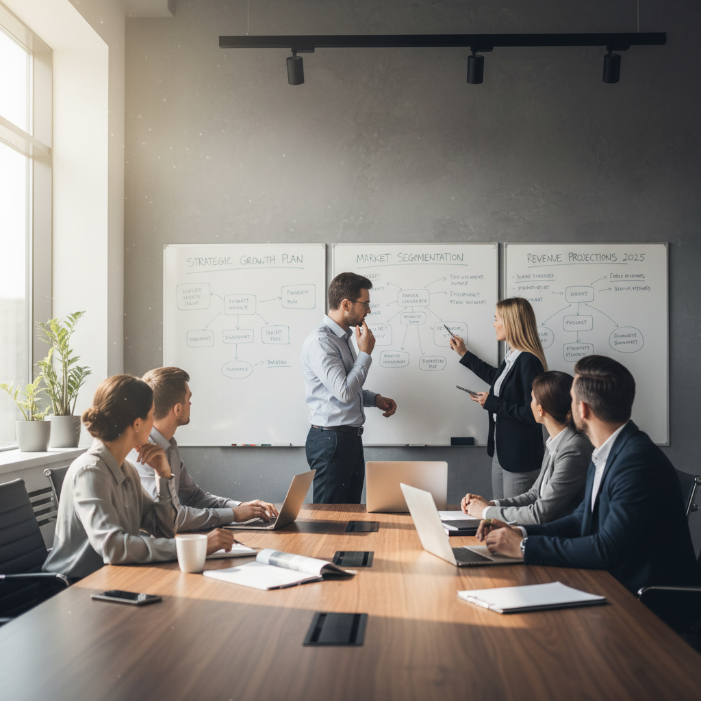 Business owner and financial advisor reviewing budget plans on a whiteboard