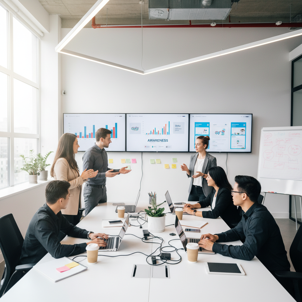 Diverse marketing team collaborating around laptop in office