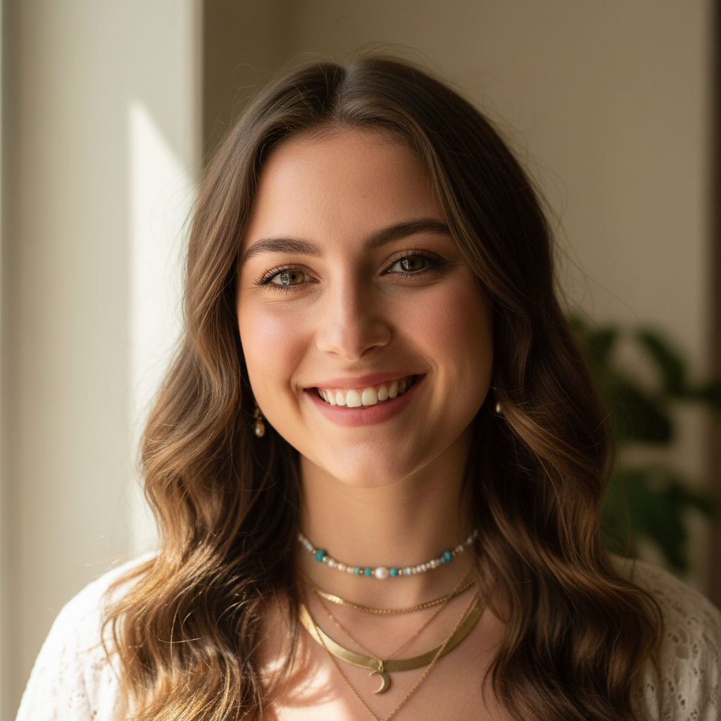Young woman with layered necklaces smiling at camera in selfie