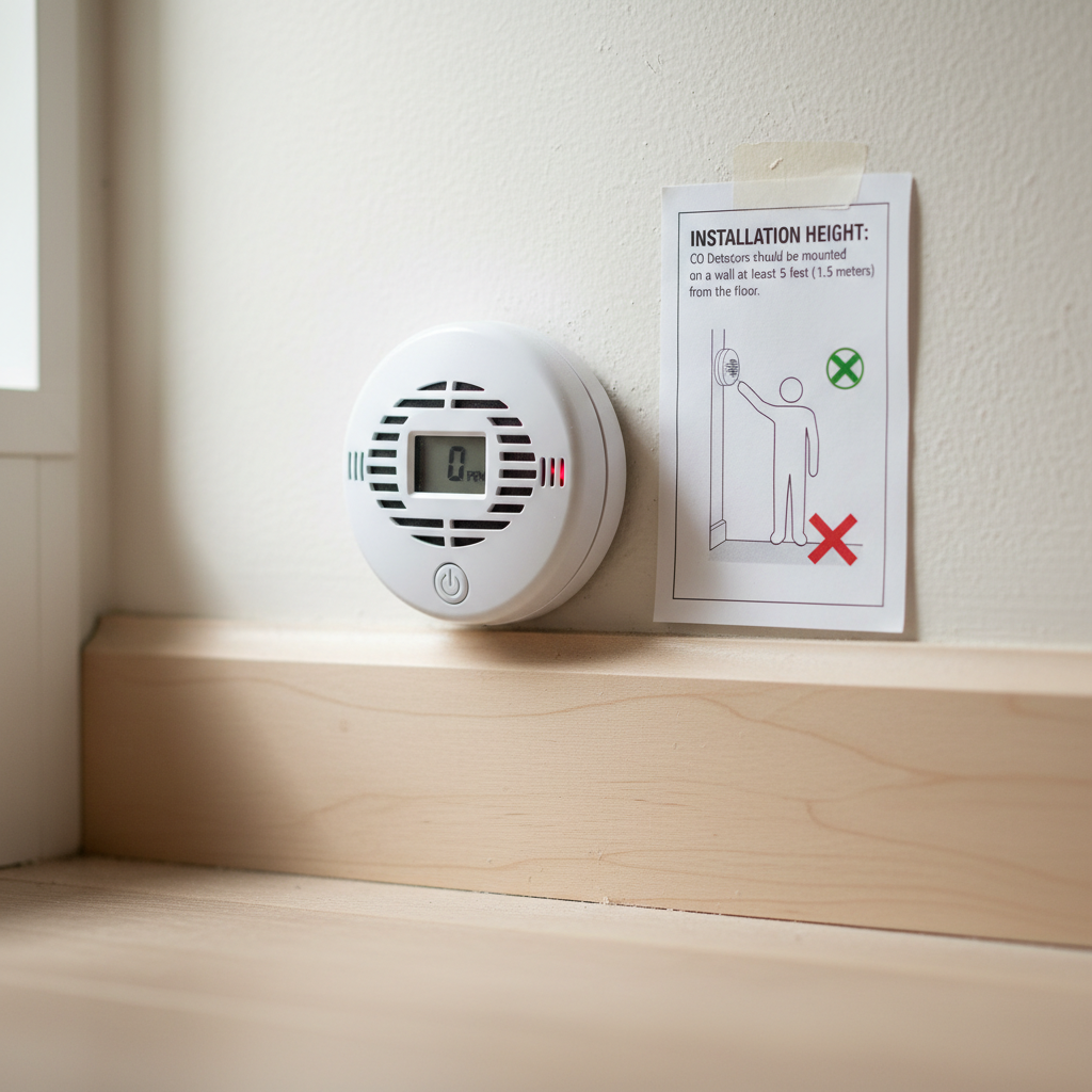 Carbon monoxide detector incorrectly placed near floor in hallway with installation guide showing correct placement height