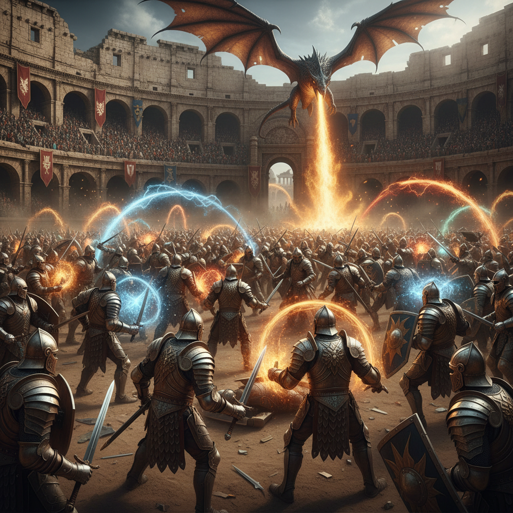 Fantasy battle arena with colorful magical effects and warriors