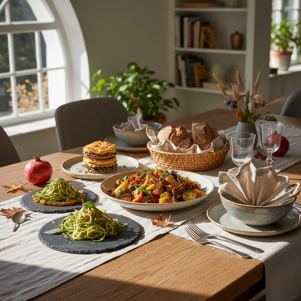 An elegantly set table with seasonal plant-based dishes, soft natural light streaming in from a window, a linen napkin folded beside a ceramic bowl