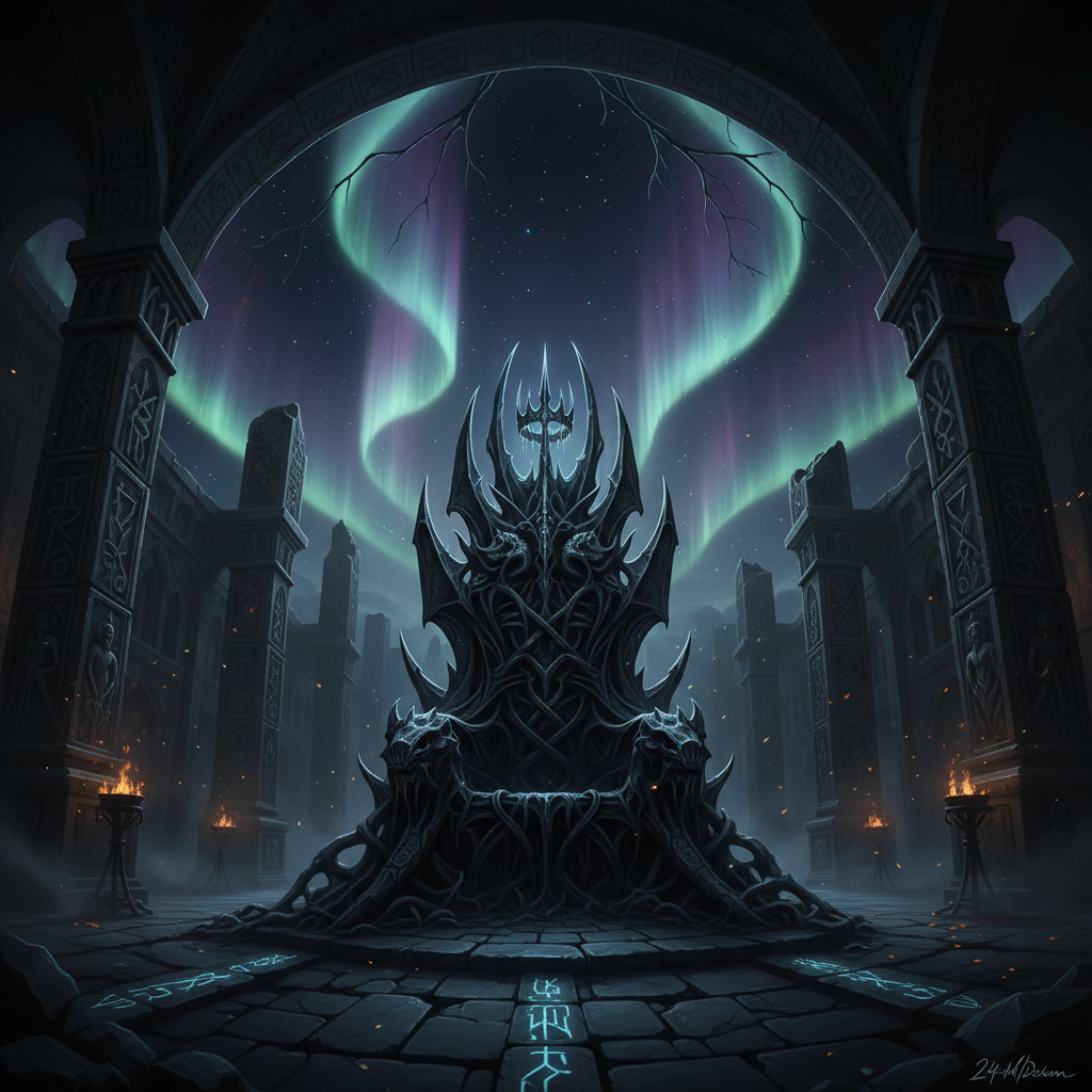 Crown of Ash IP showcase still showing dark fantasy throne room with aurora-lit crown