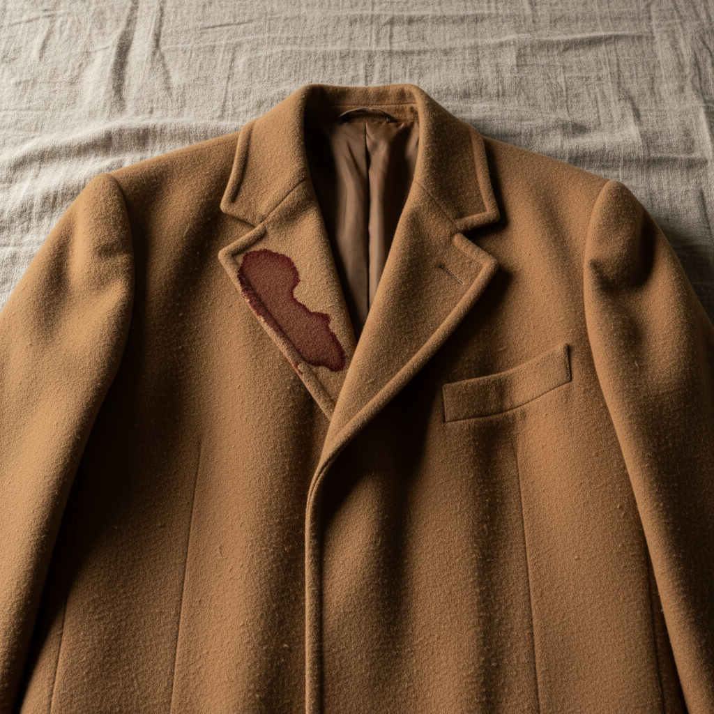 Camel cashmere overcoat with pilling, stiffness, and a red wine stain on the left lapel