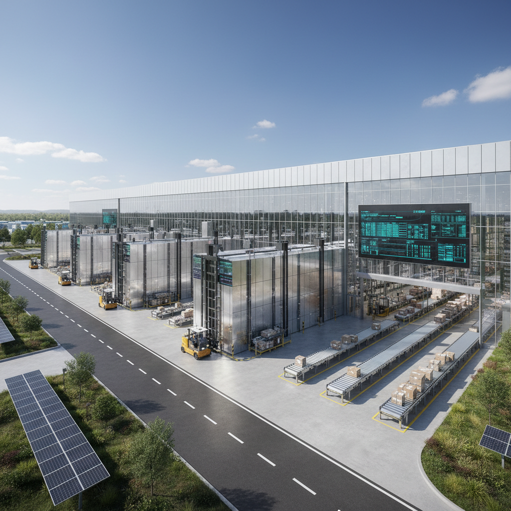 Modern warehouse distribution facility with organized shelving, bright lighting, and forklift equipment in a clean industrial space