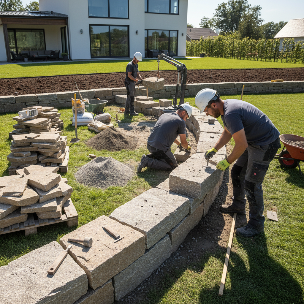Professionally built stone retaining wall in a Nashville residential backyard with lush green landscaping