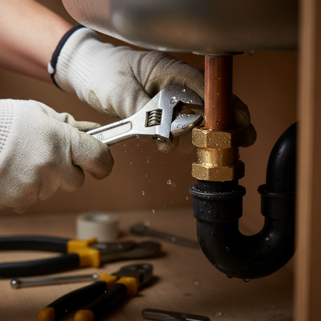 Copper pipe fittings and elbows on a workbench, warm industrial lighting
