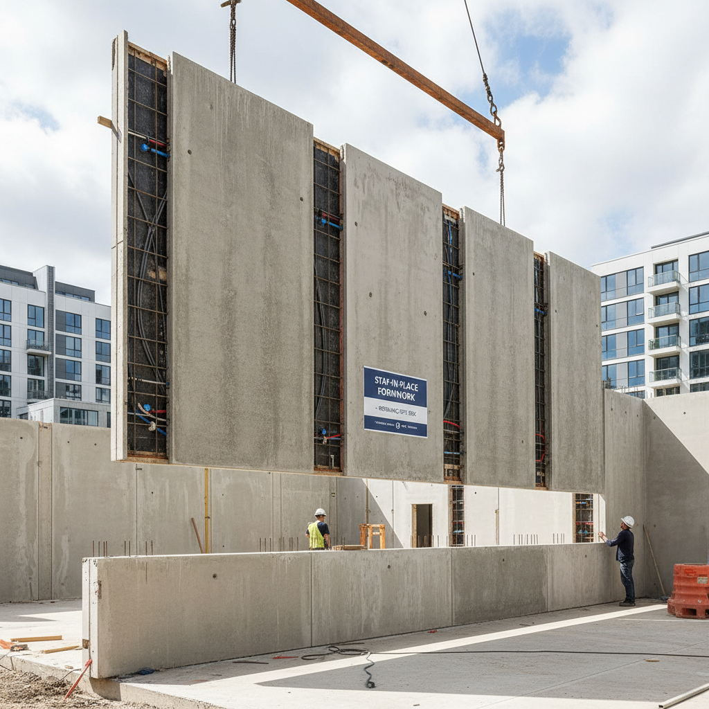 Reinforced concrete retaining wall construction site, heavy equipment, professional workers, large scale project