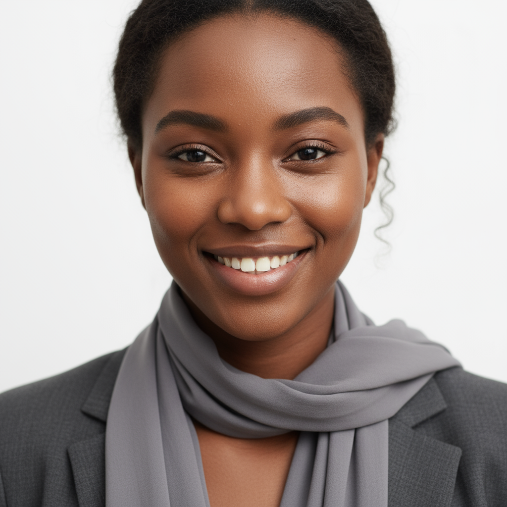 Professional headshot of African female community affairs director in professional setting, warm expression