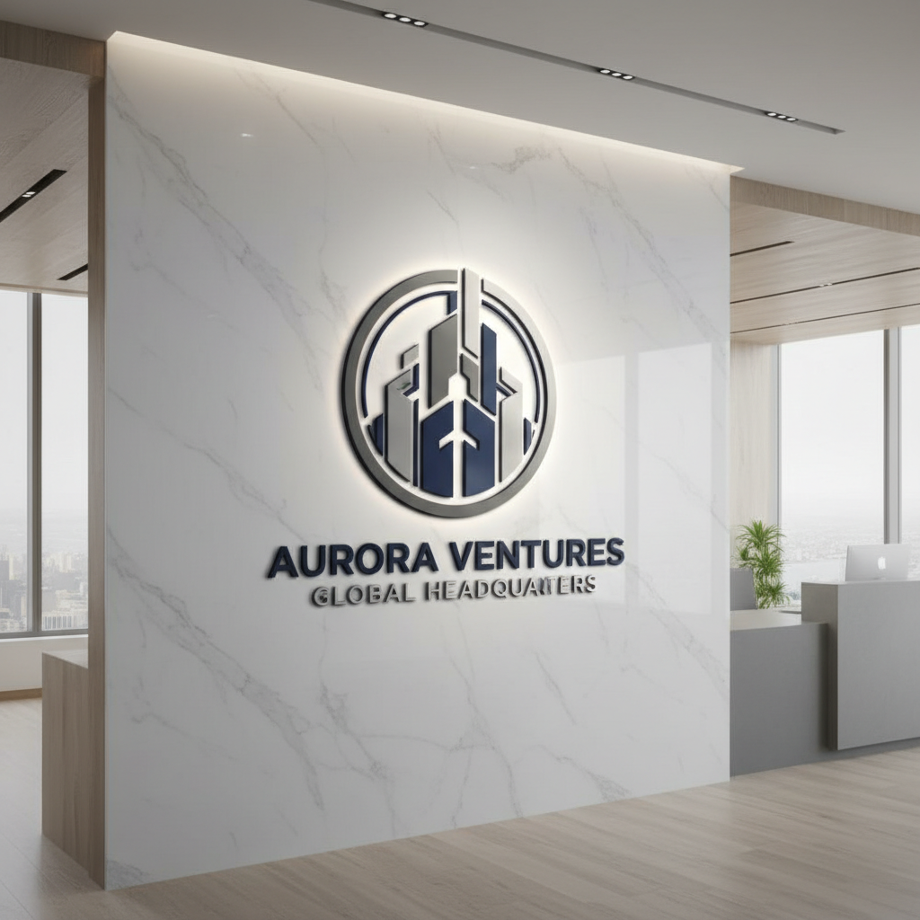 Premium corporate office interior with open plan workspace, designer lighting, and branded wall graphics — bright professional environment