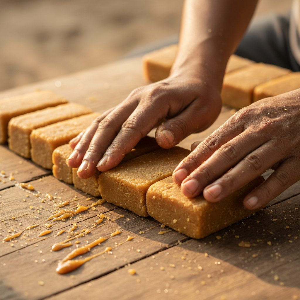 Artisan hands shaping Bengali sandesh in terracotta molds at dawn