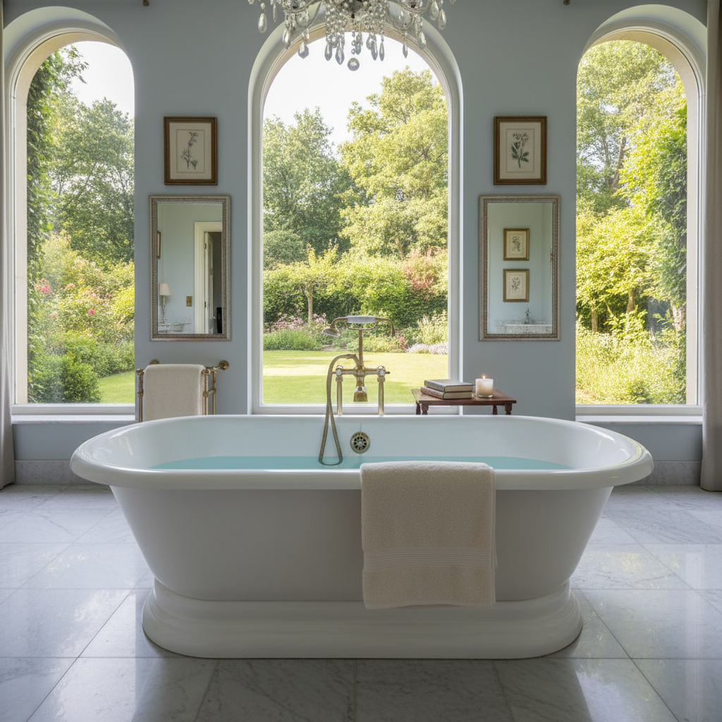 Roll-top bath in the Orchard room — luxury bathroom with garden views