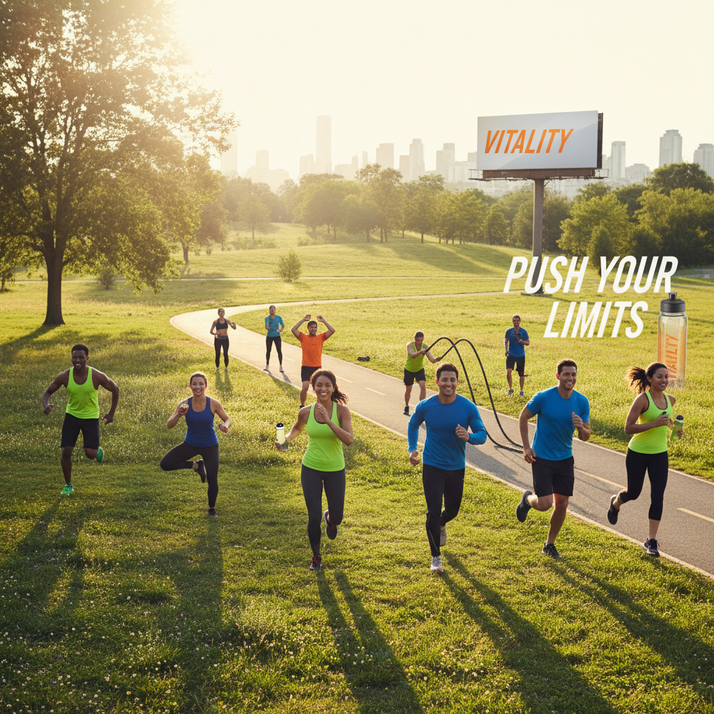 Health and wellness campaign photography showing people in active outdoor settings with brand overlays