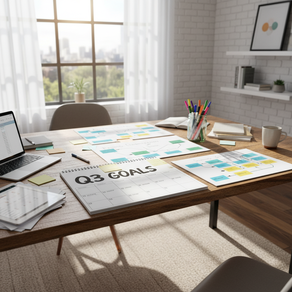 Creative workspace with notebook, laptop and course planning materials laid out