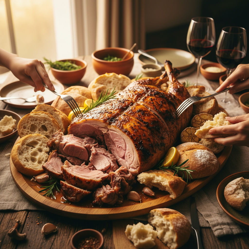 Roasted lamb on a communal platter surrounded by bread