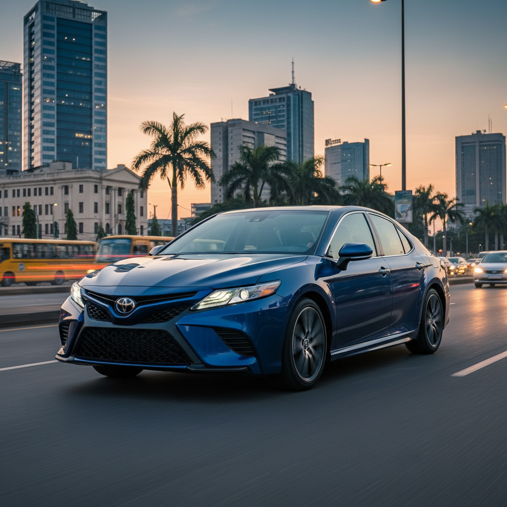 Dark blue Toyota Camry XSE V6 in a parking lot, clean exterior, well maintained