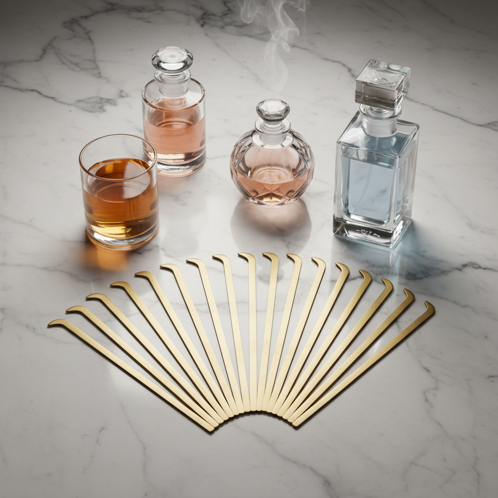 Glass laboratory beakers with fragrance compounds arranged on marble