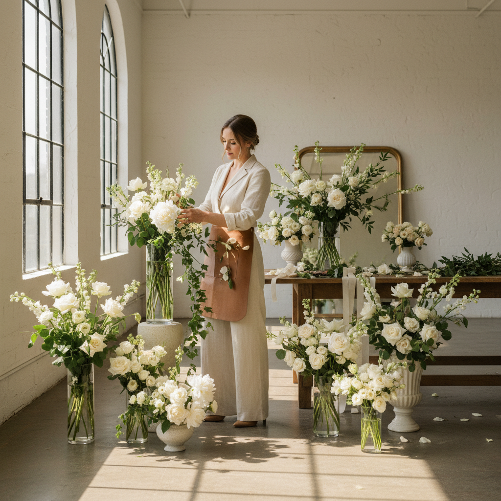 Portrait of a woman florist in a white studio arranging flowers with focused attention