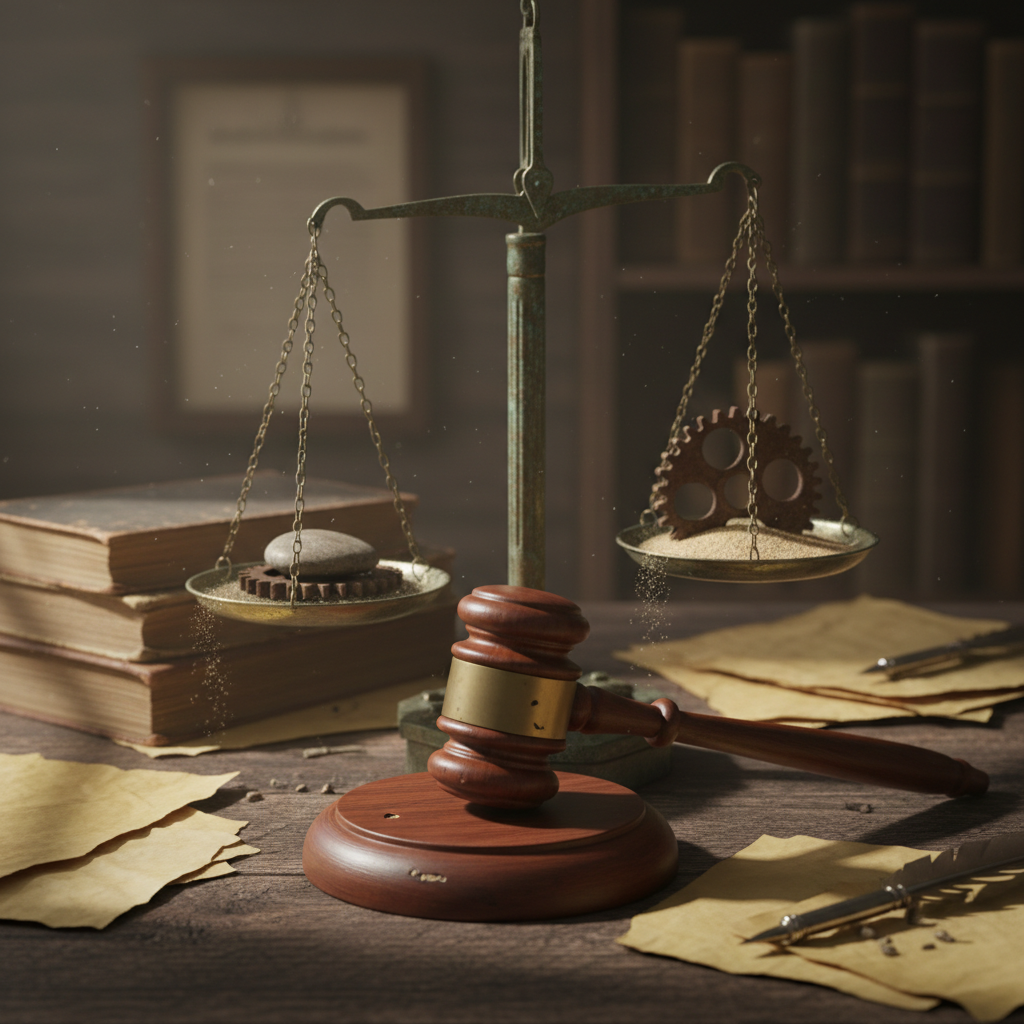 Professional legal documents and gavel on dark wooden desk with scales of justice