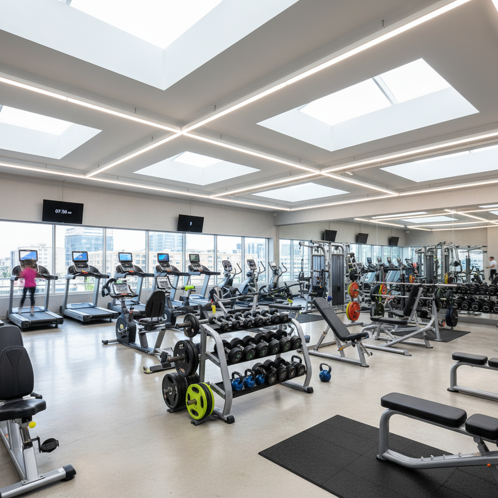 Modern gym interior with treadmills, weight machines, and bright lighting, clean and well-equipped fitness center