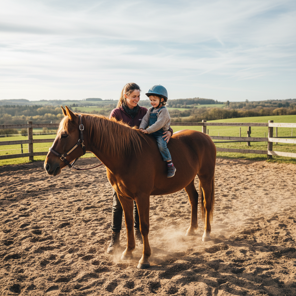 Gentle therapy horse with a child rider assisted by a certified therapist