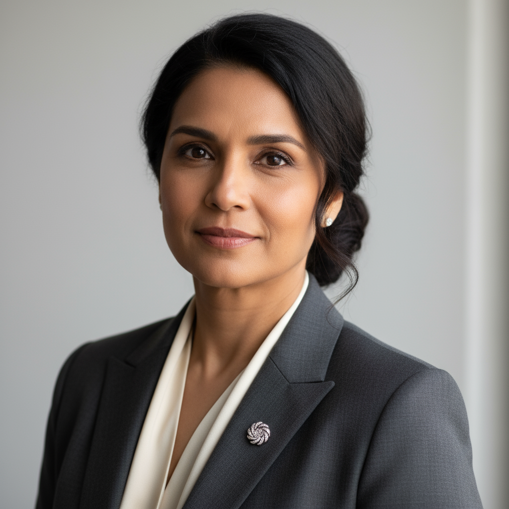 South Asian woman in her late 30s, professional headshot, blazer, confident warm expression