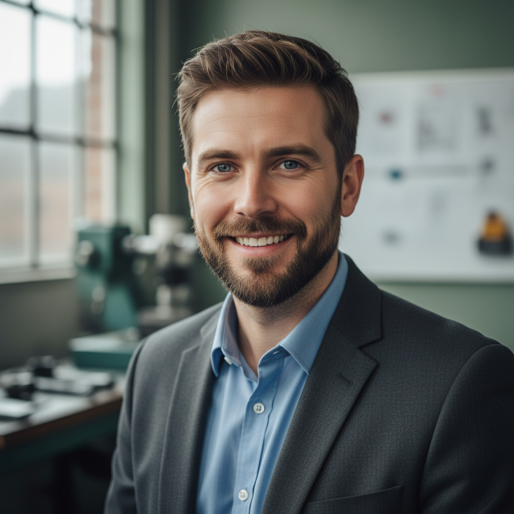 Portrait of a male mechanical engineer in his 30s, professional headshot