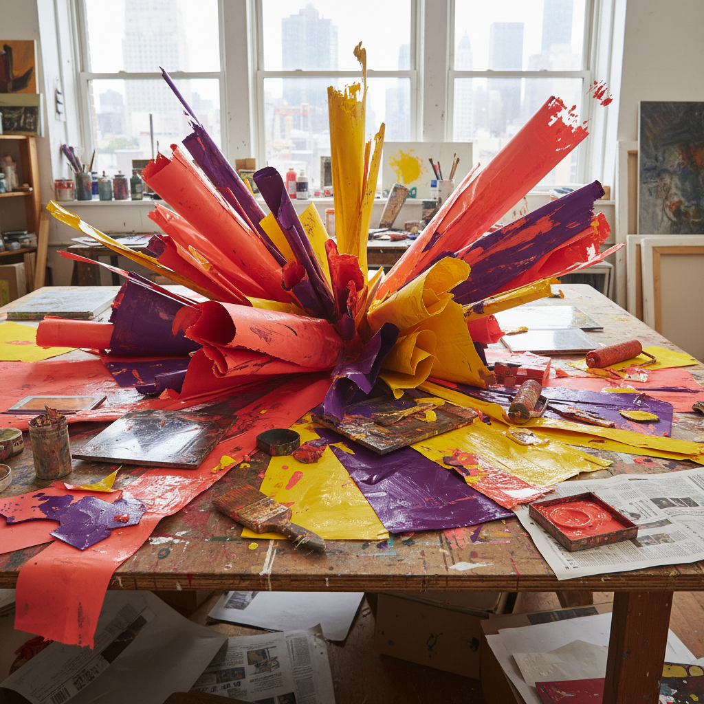 Vibrant explosion of completed monoprints in coral, yellow and violet on a studio table