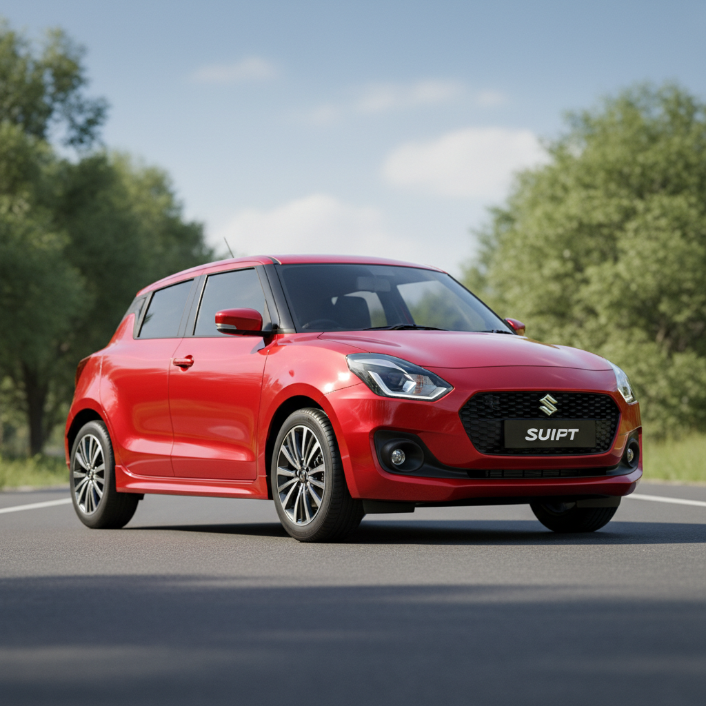 Red Maruti Swift hatchback parked on a clean road