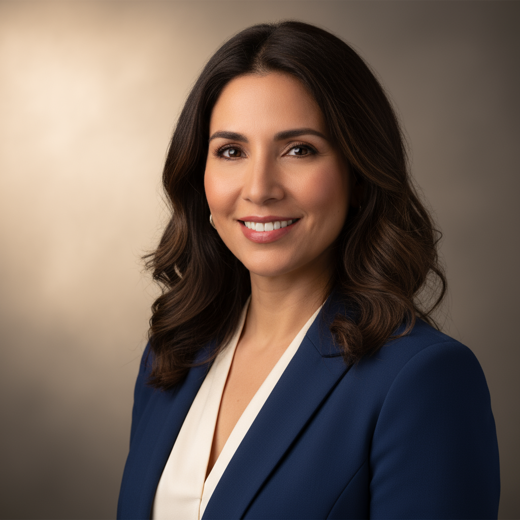 Elegant Hispanic woman with long dark hair in professional white blouse with warm smile in natural lighting