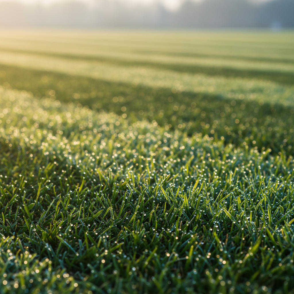 Close-up of championship-standard lawn stripes with dew drops on each blade, early morning