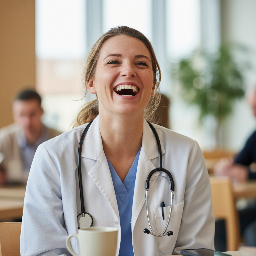 Female doctor laughing mid-conversation during break