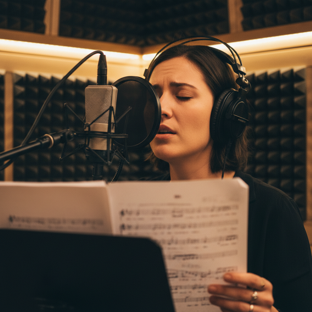 Artiste enregistrant un titre vocal dans la cabine