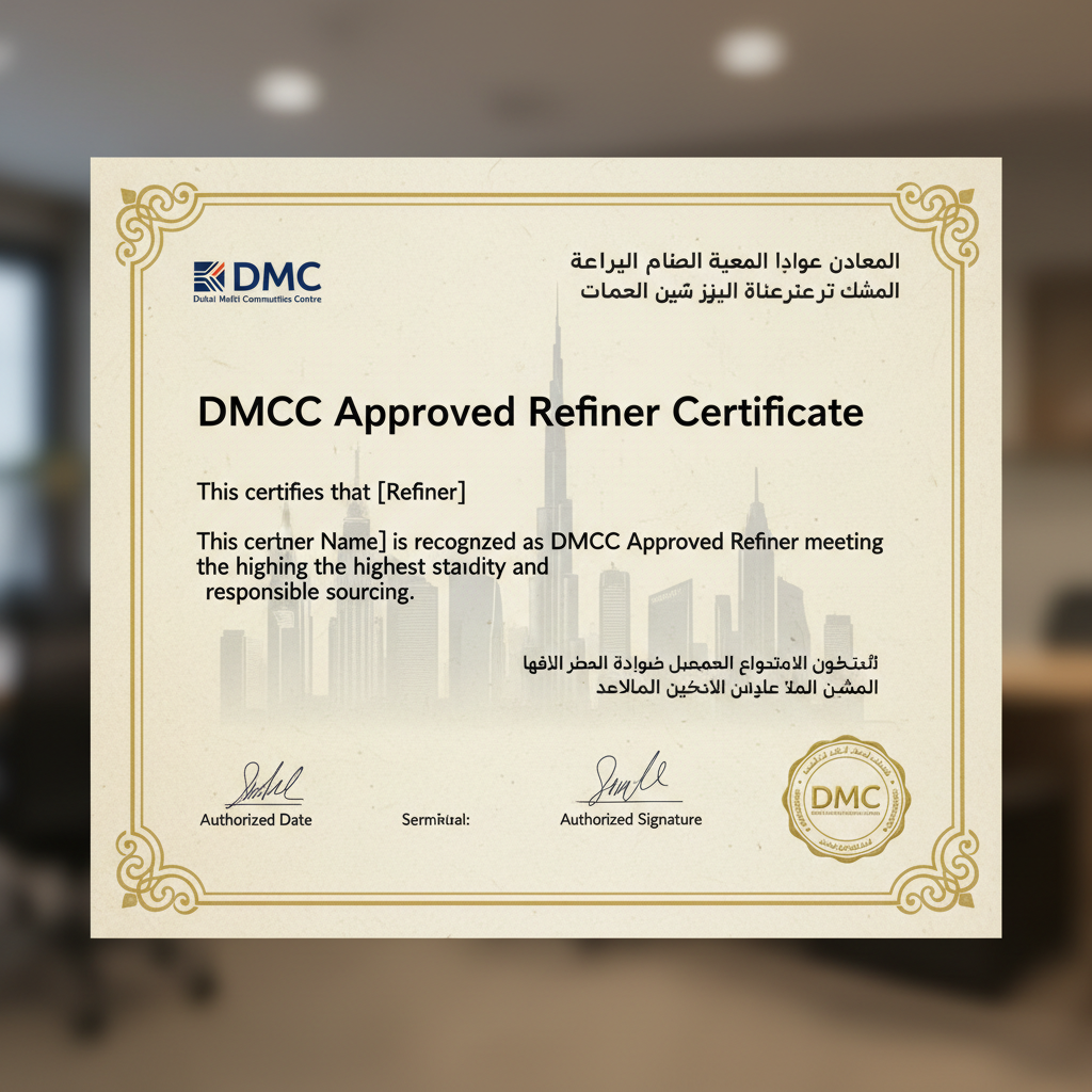 DMCC approved refiner certificate with Dubai skyline watermark and Arabic-English text