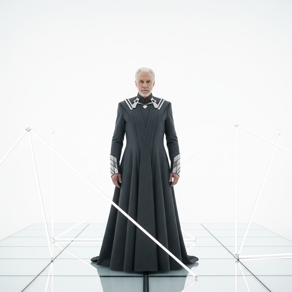 Actor as The Architect — stark white backdrop, architectural precision, controlled stillness