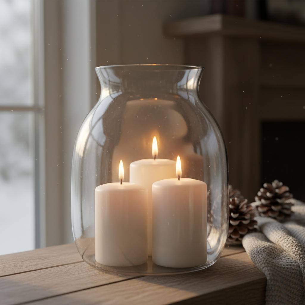 Elegant cream pillar candle on a wooden surface with warm ambient light