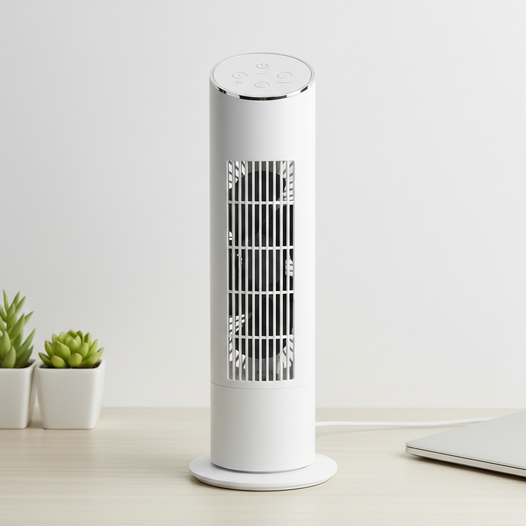 Modern standing electric fan against clean white background
