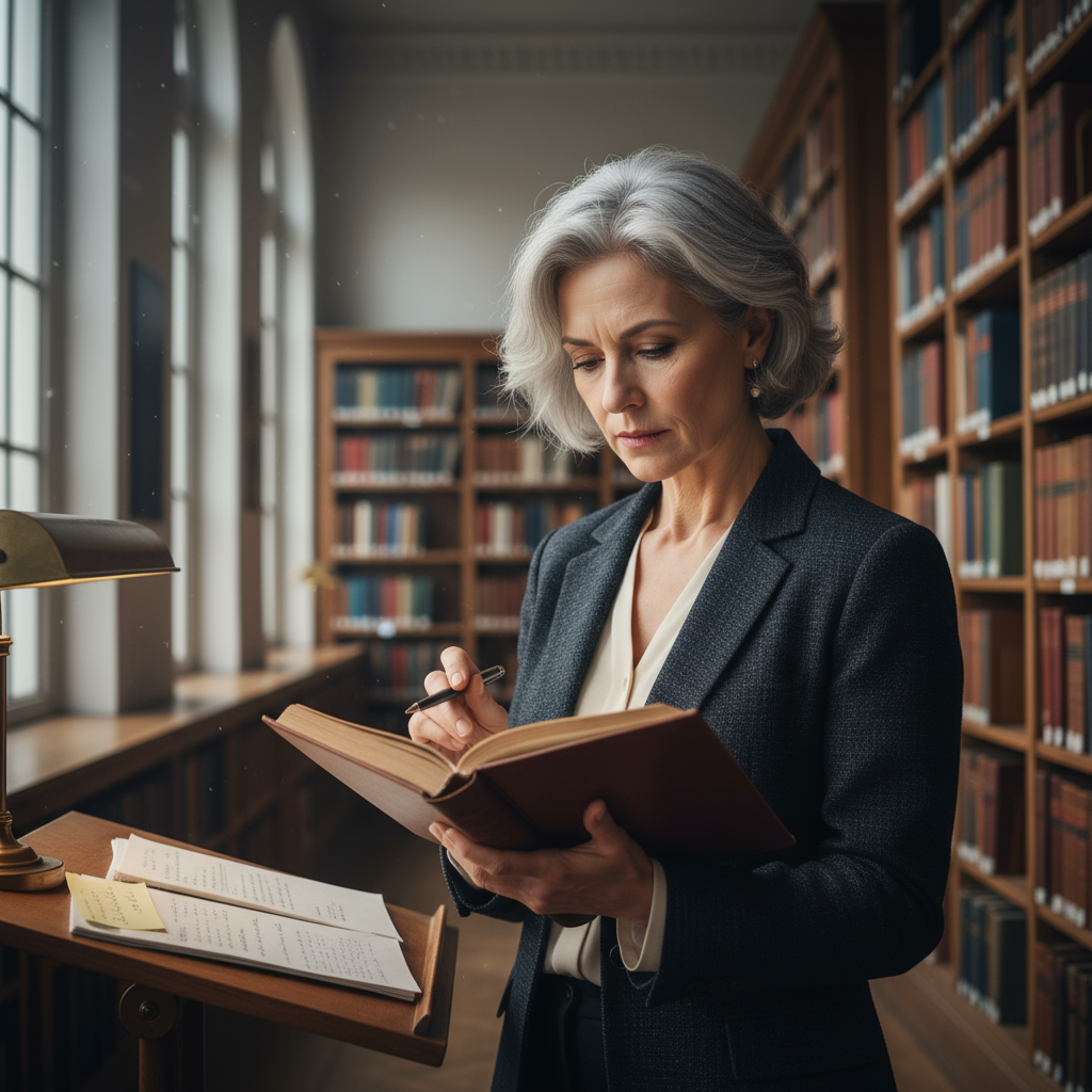 Distinguished African woman professor with grey hair in academic setting with books