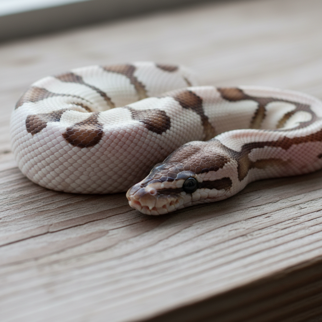 White and brown piebald ball python with distinct color patches resting on wood