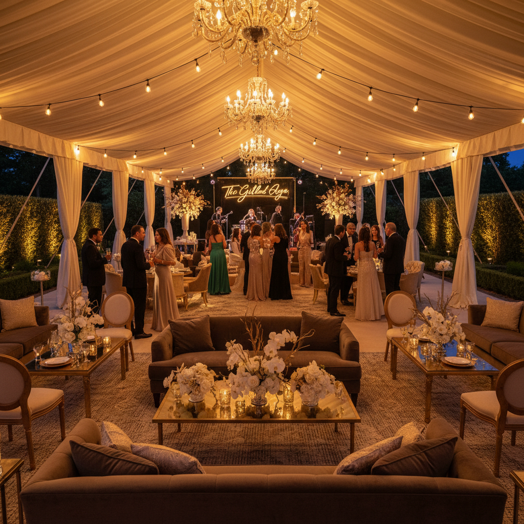 Evento de gala con iluminación dorada, carpas elegantes y mobiliario premium