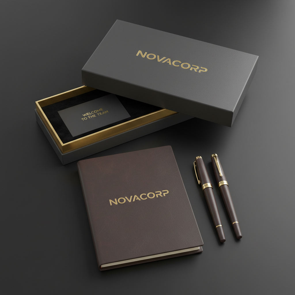 Warm premium onboarding welcome kit with branded items in soft atmospheric warm studio lighting